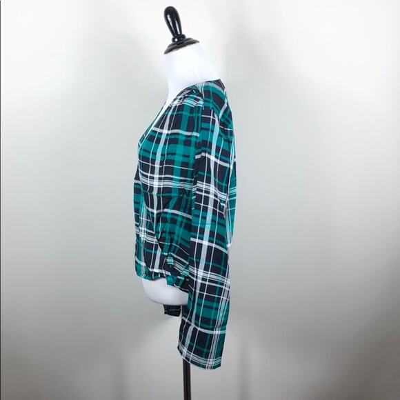 Plaid Surplice Top Bell Sleeve Green Blouse - Picture 4 of 5